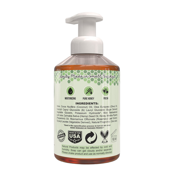 Back view of natural foaming hand soap bottle highlighting moisturizing, pure honey ingredients, USA made label, and recycled packaging info for Health & Wellness and Soaps collections.