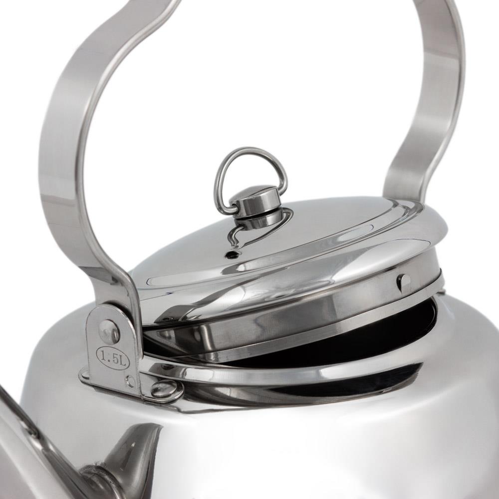 Close-up of a high-quality polished stainless steel teakettle with a secure lid and a sturdy threefold bent movable handle, suitable for Farm, Garden & Tool, Kitchen & Food, Camping, Brewing Coffee and Tea, Best Sellers, and Promo Eligible collections.
