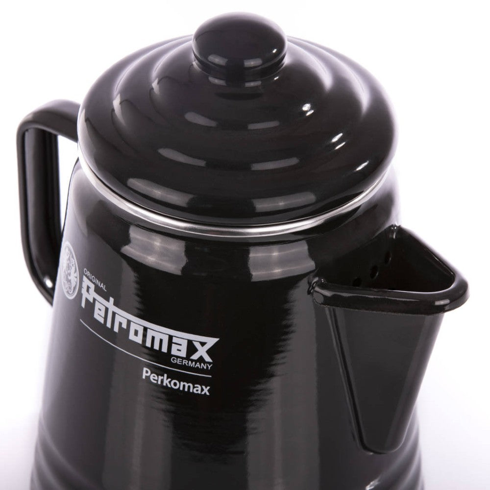 Glossy black enameled steel percolator with lid and spout, designed for easy brewing of coffee or tea, perfect for camping and kitchen use, featured in Farm, Garden & Tool and Brewing Coffee and Tea collections.