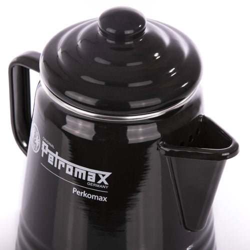 Glossy black enameled steel percolator with lid and spout, designed for easy brewing of coffee or tea, perfect for camping and kitchen use, featured in Farm, Garden & Tool and Brewing Coffee and Tea collections.