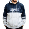 Man modeling a handcrafted fleece hoodie sweatshirt in navy and gray with color blocking, arm stripes, a drawstring hood, front pocket, and embroidered Ohio design, featured in Health & Wellness and Clothing and Accessories collections.