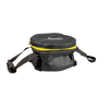 Round black polyester tote bag with thick padding, bright yellow zipper, and sturdy straps, designed for carrying and storing camp cookware in outdoor and kitchen settings.