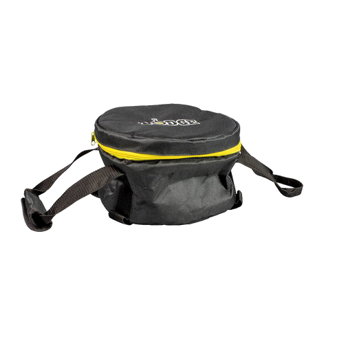 Round black polyester tote bag with thick padding, bright yellow zipper, and sturdy straps, designed for carrying and storing camp cookware in outdoor and kitchen settings.