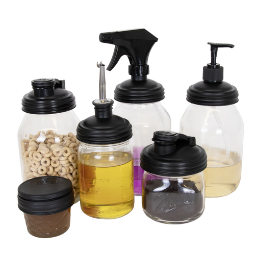 Set of seven black reusable lids for Mason jars featuring diverse functional tops including flip, pump, spray, and pour spout, handcrafted in the USA for Home & Decor, Household Helpers, and Best Sellers collections.