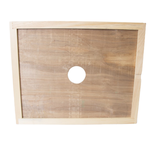 Handmade wooden hive inner cover with a centered circular notch for ventilation, crafted in the USA and Amish made, ideal for beekeeping and moisture control in farm and garden use.