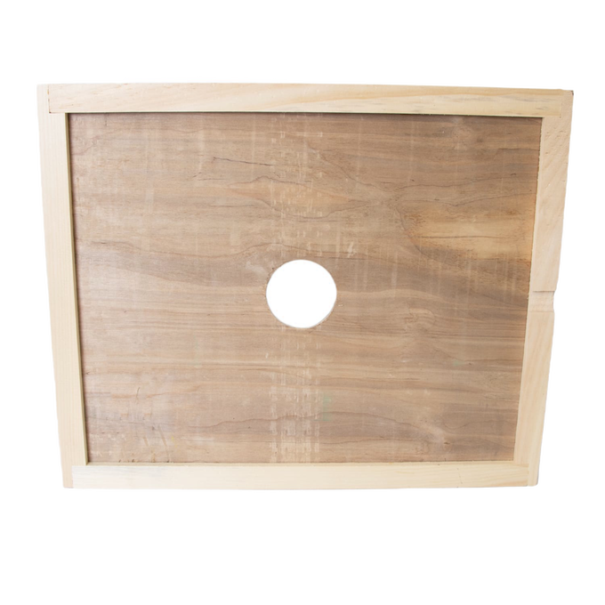 Handmade wooden hive inner cover with a centered circular notch for ventilation, crafted in the USA and Amish made, ideal for beekeeping and moisture control in farm and garden use.