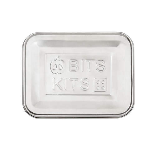 Rectangular stainless steel snack container with embossed branding on lid, designed for durable, reusable food storage in Kitchen & Food, Storage and Serving, and Best Sellers collections.