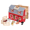 Handcrafted wooden barn toy in bright red with gray roof and hinged sides, featuring animal figures and fenced corral, designed for imaginative play in Toys, Children’s Toys, and Wooden Toys collections.