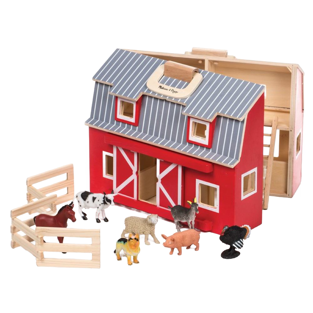 Handcrafted wooden barn toy in bright red with gray roof and hinged sides, featuring animal figures and fenced corral, designed for imaginative play in Toys, Children’s Toys, and Wooden Toys collections.