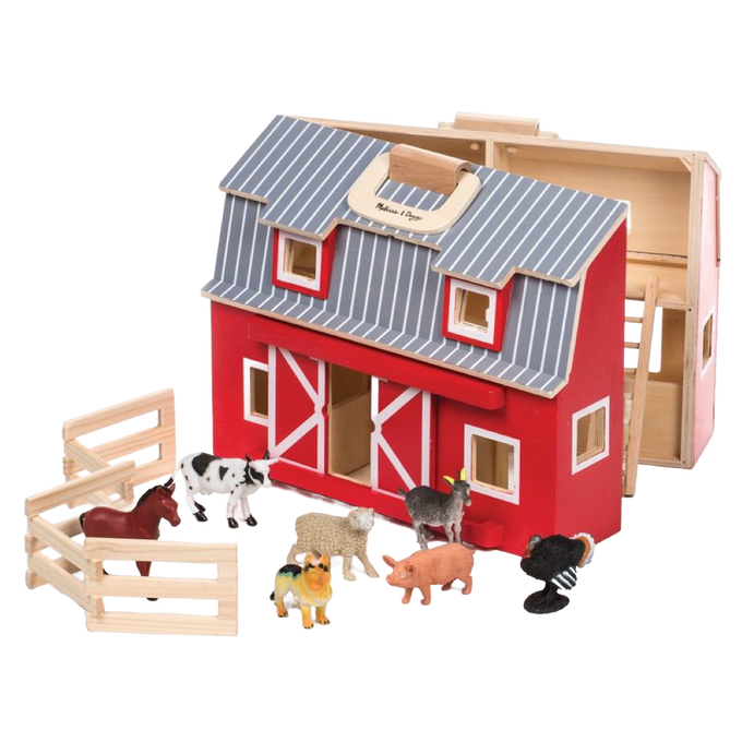 Handcrafted wooden barn toy in bright red with gray roof and hinged sides, featuring animal figures and fenced corral, designed for imaginative play in Toys, Children’s Toys, and Wooden Toys collections.