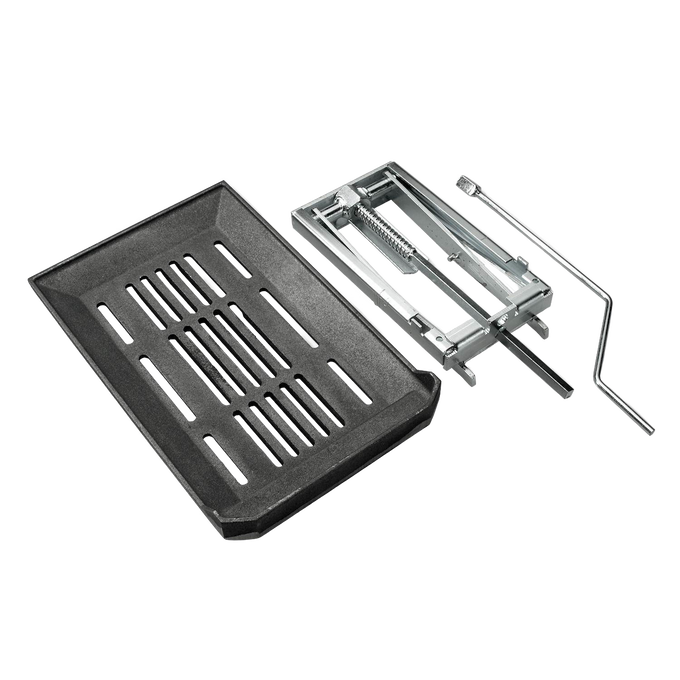 Metal grate and adjustable steel frame assembly designed to modify firebox height in cookstoves, featured in Stoves, Cookstoves, and Hearth Accessories collections.