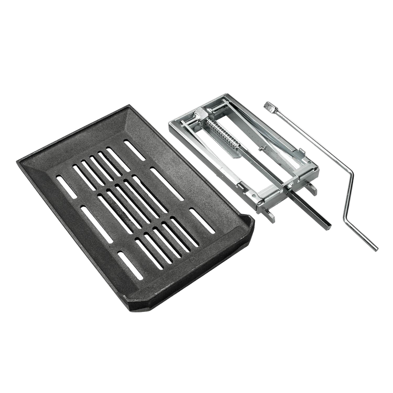 Metal grate and adjustable steel frame assembly designed to modify firebox height in cookstoves, featured in Stoves, Cookstoves, and Hearth Accessories collections.