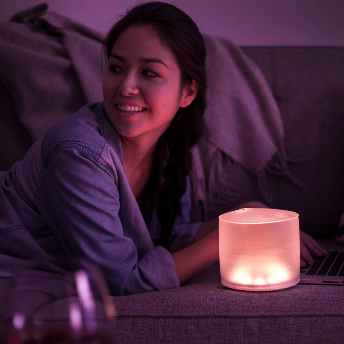 Soft glowing handcrafted Luci Color Essence Solar Light in warm tones, providing cozy ambient illumination for indoor apps in Farm, Garden & Tool, Camping, and Emergency Supplies collections.