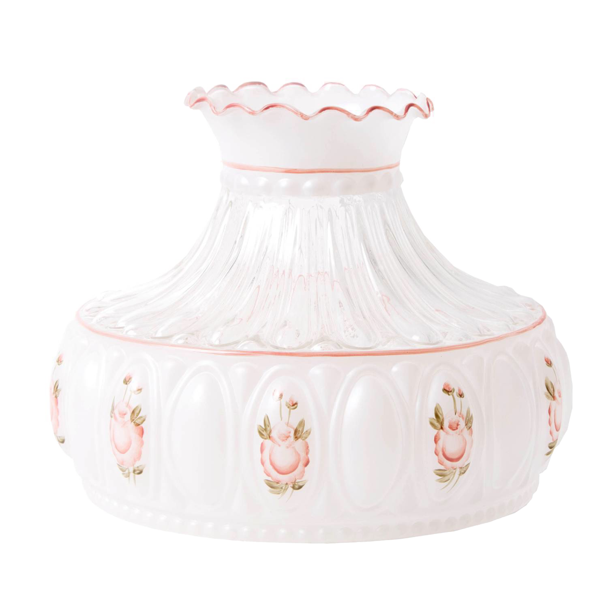 Handcrafted pink rose patterned glass oil lamp shade with scalloped edge and ribbed design, featured in Lamps & Lighting and Lamp Shades collections.