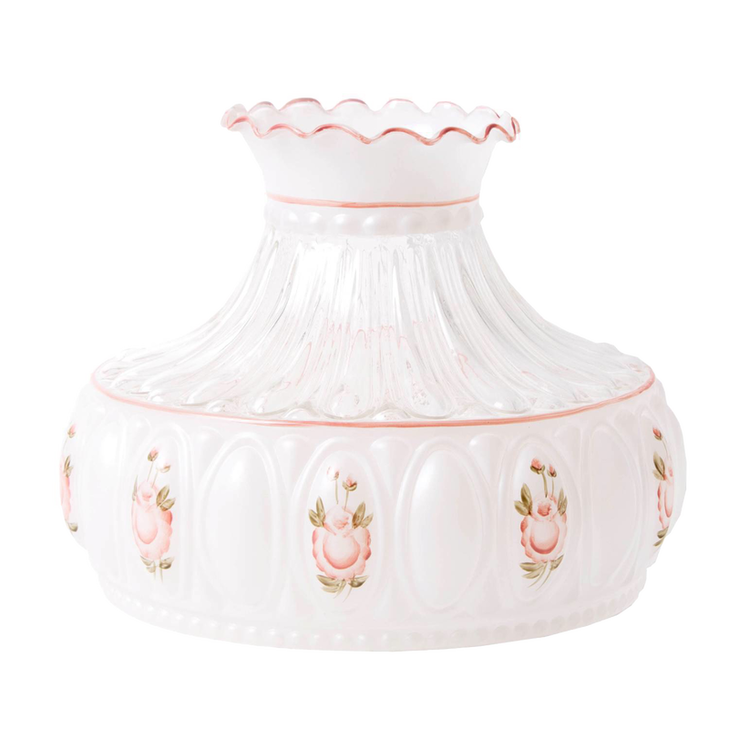 Handcrafted pink rose patterned glass oil lamp shade with scalloped edge and ribbed design, featured in Lamps & Lighting and Lamp Shades collections.