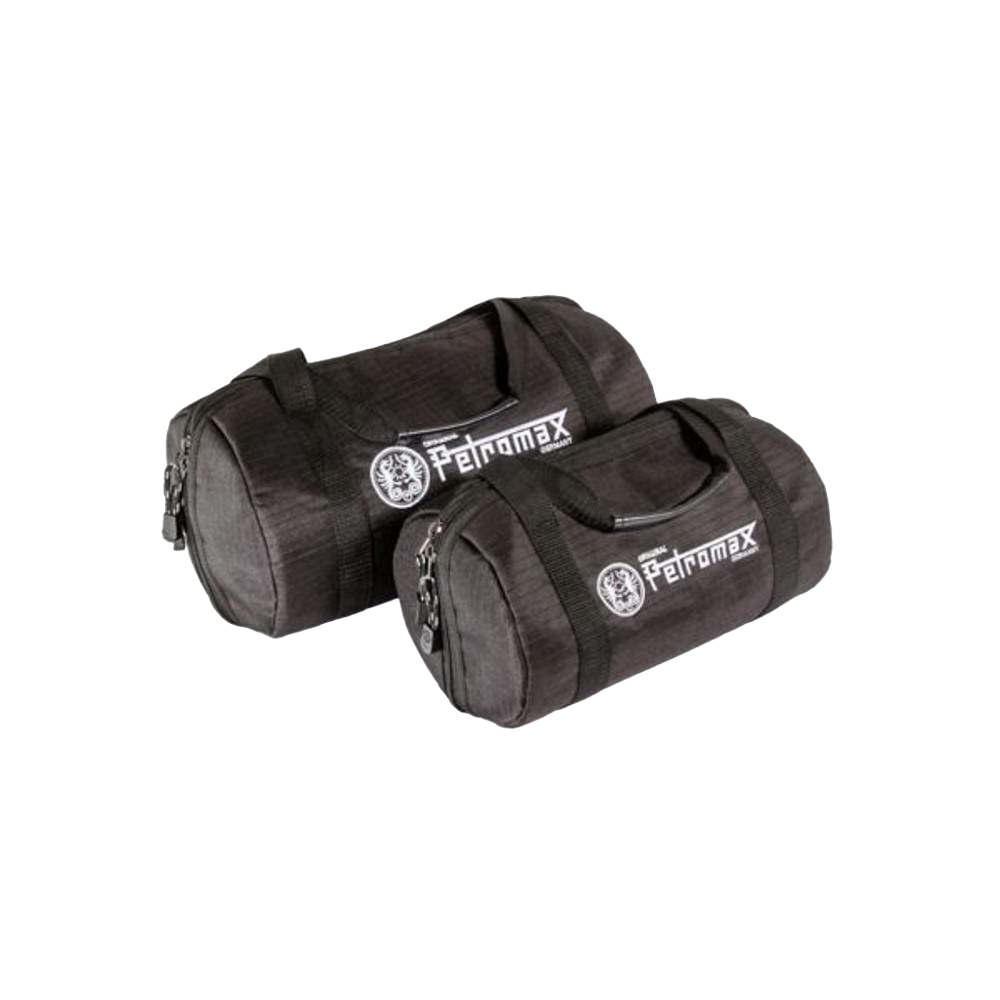 Two durable black ripstop fabric transport bags designed for safely packing fire kettles, featured in Kitchen & Food, Cookware, Cast Iron, and Best Sellers collections.