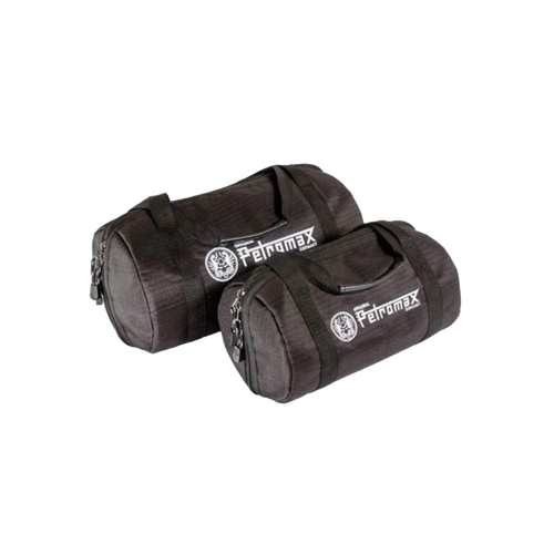 Two durable black ripstop fabric transport bags designed for safely packing fire kettles, featured in Kitchen & Food, Cookware, Cast Iron, and Best Sellers collections.