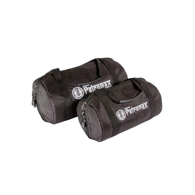 Two durable black ripstop fabric transport bags designed for safely packing fire kettles, featured in Kitchen & Food, Cookware, Cast Iron, and Best Sellers collections.
