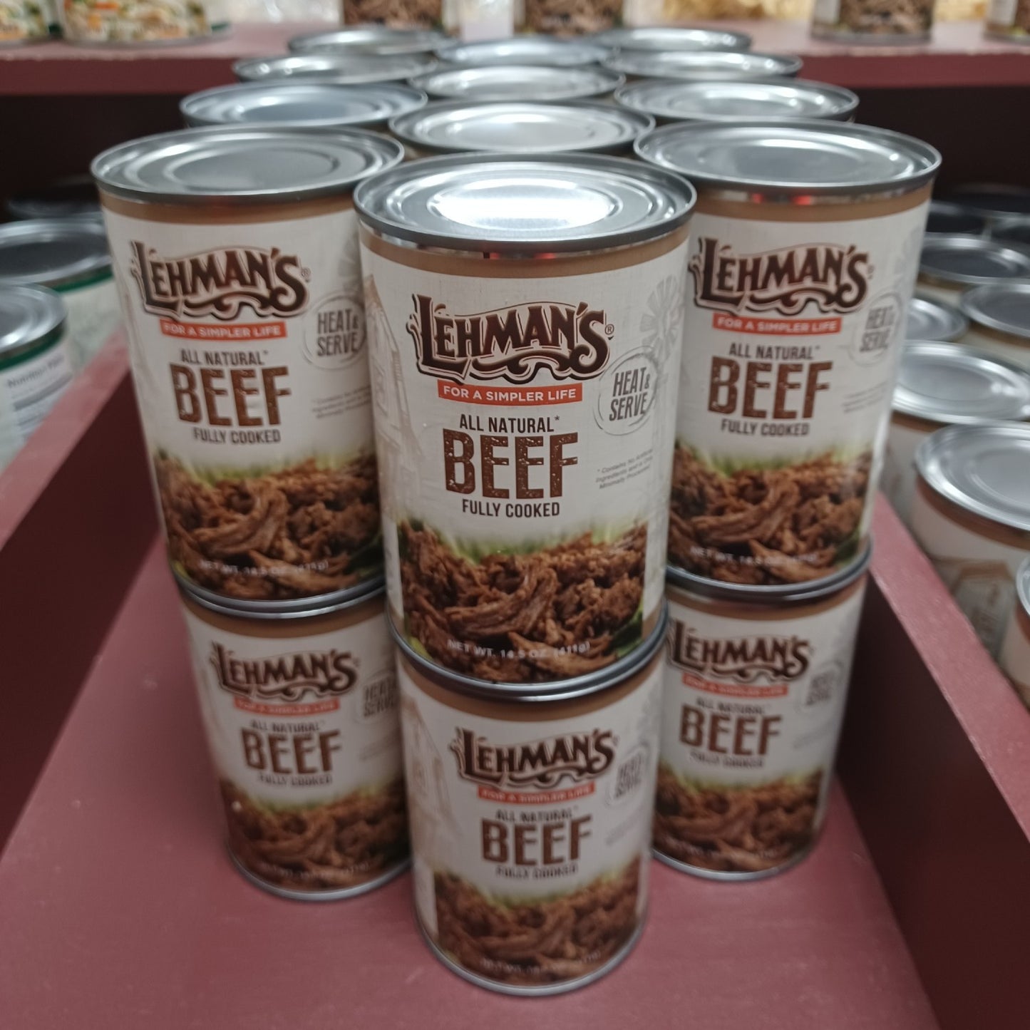 Stack of handcrafted canned beef labeled all natural and fully cooked with rustic design, ideal for Farm, Garden & Tool, Kitchen & Food, Emergency Supplies, Food, Meats, Best Sellers, and Promo Eligible collections.