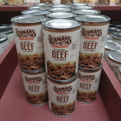 Stack of handcrafted canned beef labeled all natural and fully cooked with rustic design, ideal for Farm, Garden & Tool, Kitchen & Food, Emergency Supplies, Food, Meats, Best Sellers, and Promo Eligible collections.