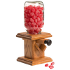 Handcrafted Amish-made candy dispenser with stained oak base and glass jar filled with red candies, perfect for Kitchen & Food, Snacks and Sweets, and Holiday Hosting collections.