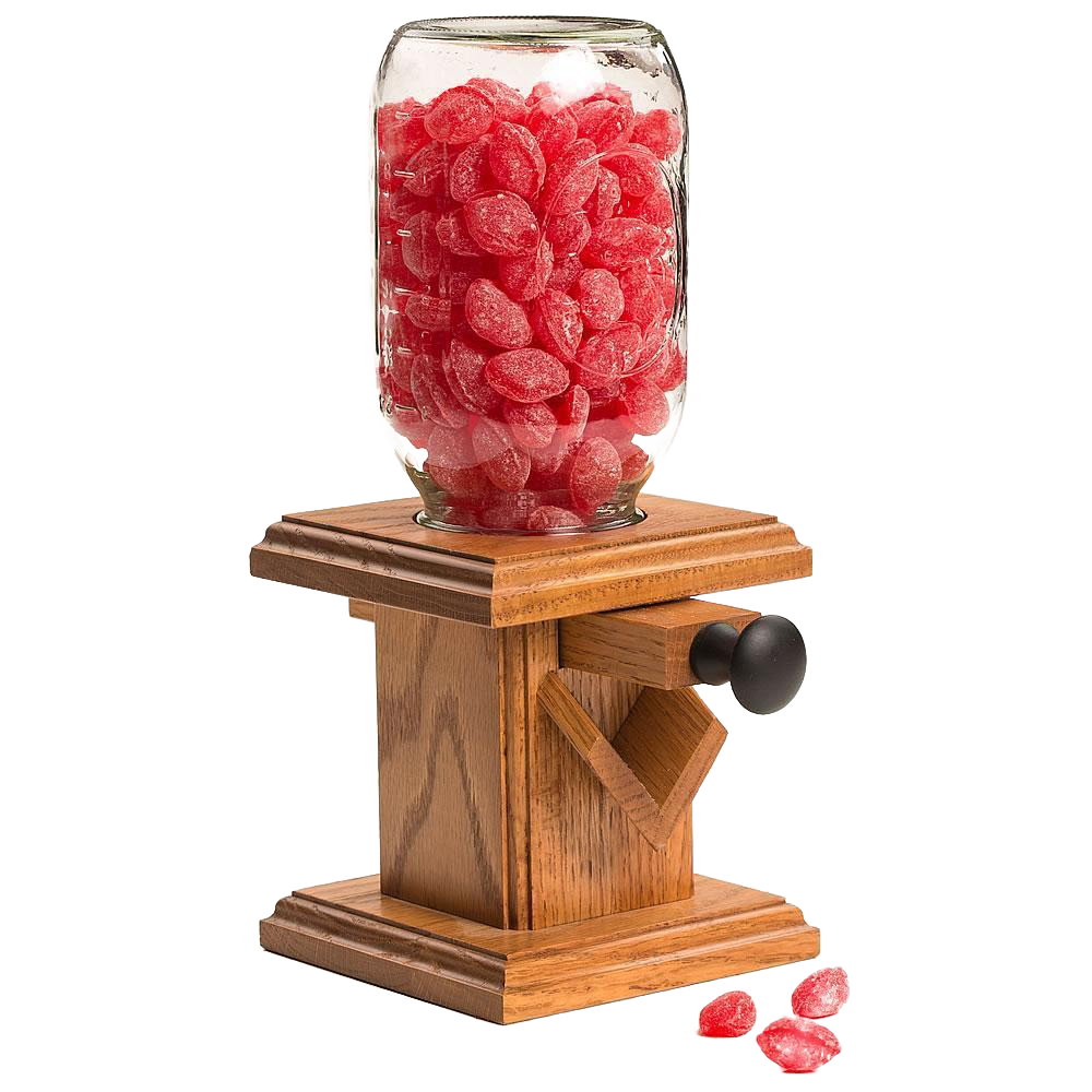 Handcrafted Amish-made candy dispenser with stained oak base and glass jar filled with red candies, perfect for Kitchen & Food, Snacks and Sweets, and Holiday Hosting collections.
