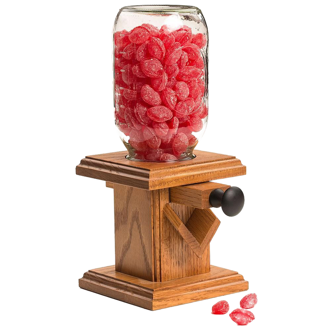 Handcrafted Amish-made candy dispenser with stained oak base and glass jar filled with red candies, perfect for Kitchen & Food, Snacks and Sweets, and Holiday Hosting collections.