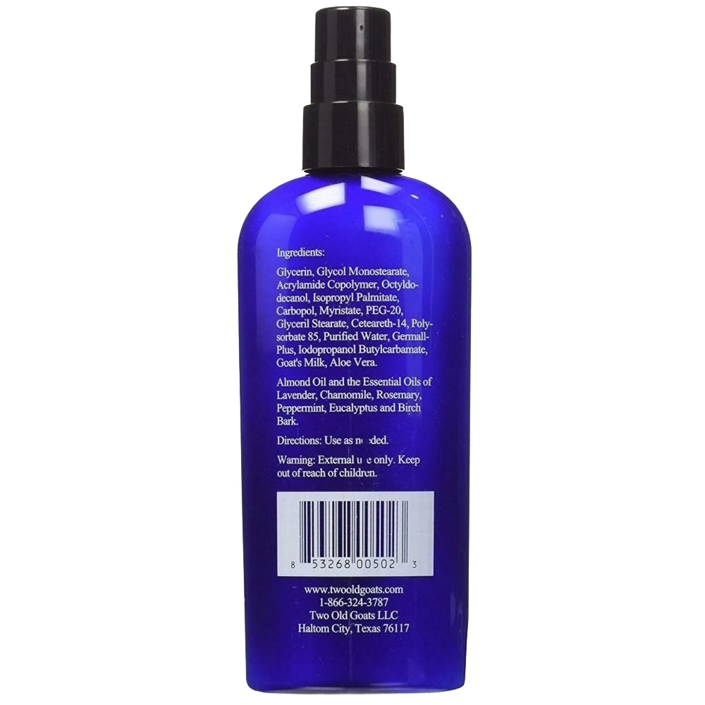 Blue 8 oz pump bottle of non-greasy essential oil lotion featuring goat's milk and therapeutic-grade oils, handcrafted in the USA, ideal for Health & Wellness and Balms collections.