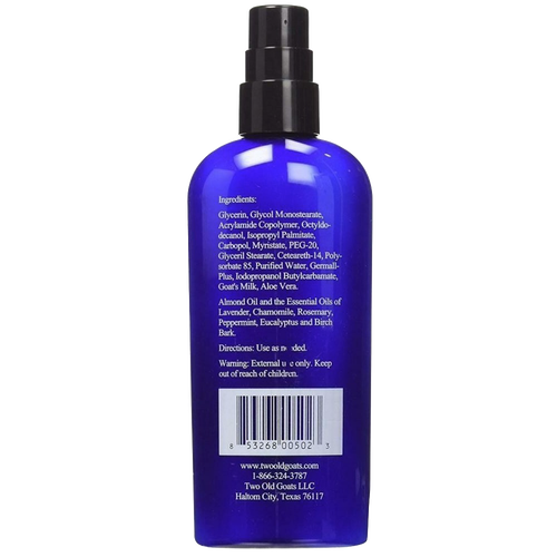 Blue 8 oz pump bottle of non-greasy essential oil lotion featuring goat's milk and therapeutic-grade oils, handcrafted in the USA, ideal for Health & Wellness and Balms collections.