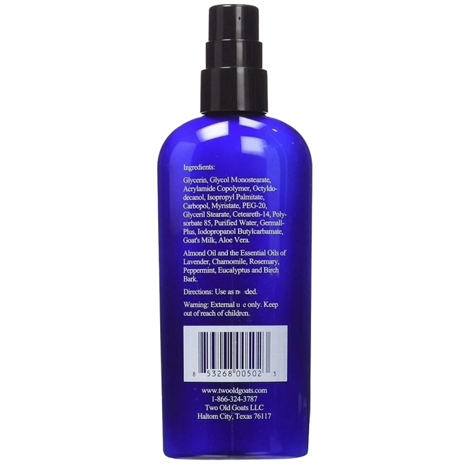 Blue 8 oz pump bottle of non-greasy essential oil lotion featuring goat's milk and therapeutic-grade oils, handcrafted in the USA, ideal for Health & Wellness and Balms collections.