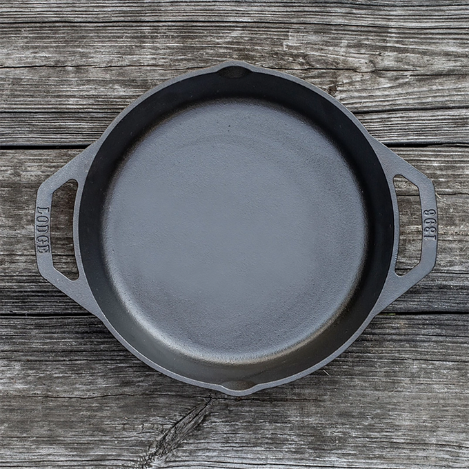 Handcrafted round cast iron pan with short side handles and spouts, pre-seasoned for easy release, durable and versatile for grilling, baking, frying, featured in Kitchen & Food, Cookware, Cast Iron, Best Sellers, Promo Eligible collections.