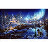 Winter night scene of a father and children running across a snowy field to view the Northern Lights, with a cozy illuminated farmhouse and horse nearby, handcrafted puzzle from USA collections.