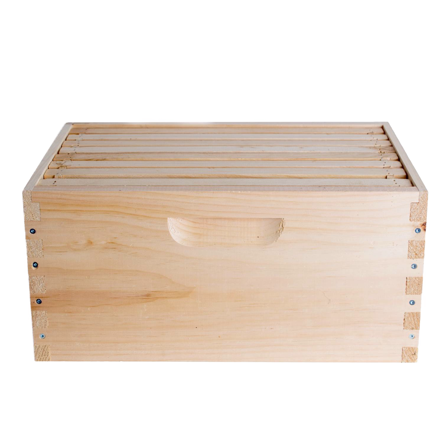 Handcrafted Amish-made wooden 8-frame deep bee box with dovetail joints and built-in handle, designed for lighter lifting in beekeeping and farm tool collections.
