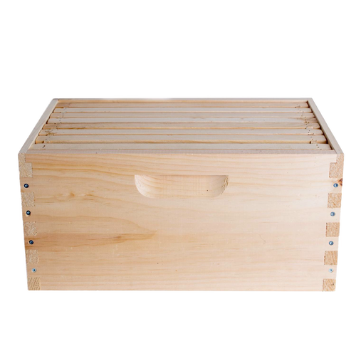 Handcrafted Amish-made wooden 8-frame deep bee box with dovetail joints and built-in handle, designed for lighter lifting in beekeeping and farm tool collections.