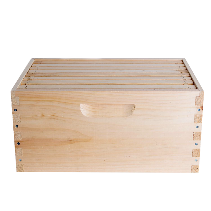 Handcrafted Amish-made wooden 8-frame deep bee box with dovetail joints and built-in handle, designed for lighter lifting in beekeeping and farm tool collections.