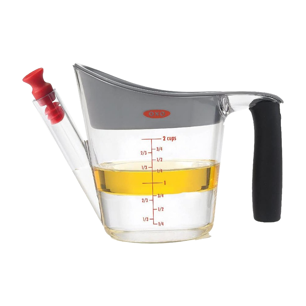 Clear plastic fat separator with gray top and cushioned black grip handle, featuring red stopper and measurement markings, designed for Kitchen & Food, Cooking Helpers, and Best Sellers collections.