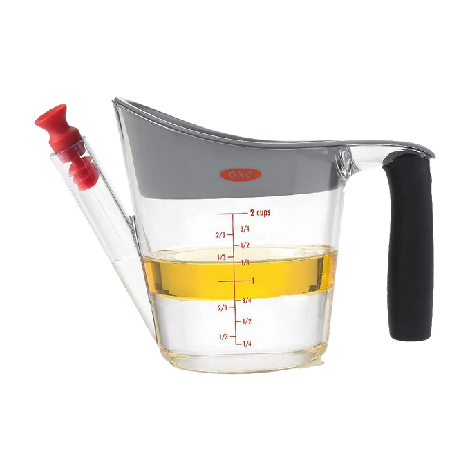 Clear plastic fat separator with gray top and cushioned black grip handle, featuring red stopper and measurement markings, designed for Kitchen & Food, Cooking Helpers, and Best Sellers collections.