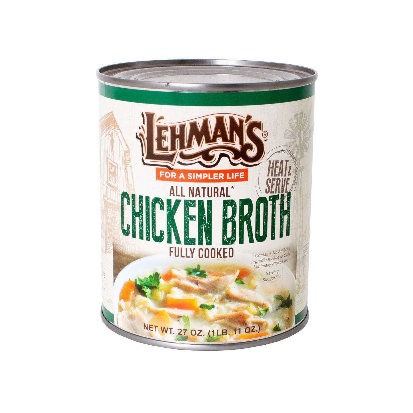 Lehman's 27 oz canned chicken broth with label highlighting all natural, fully cooked broth, shown against a white background, suited for Farm, Garden & Tool, Kitchen & Food, and Emergency Supplies collections.