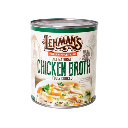 Lehman's 27 oz canned chicken broth with label highlighting all natural, fully cooked broth, shown against a white background, suited for Farm, Garden & Tool, Kitchen & Food, and Emergency Supplies collections.