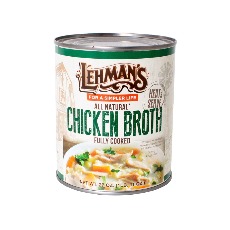 Lehman's 27 oz canned chicken broth with label highlighting all natural, fully cooked broth, shown against a white background, suited for Farm, Garden & Tool, Kitchen & Food, and Emergency Supplies collections.