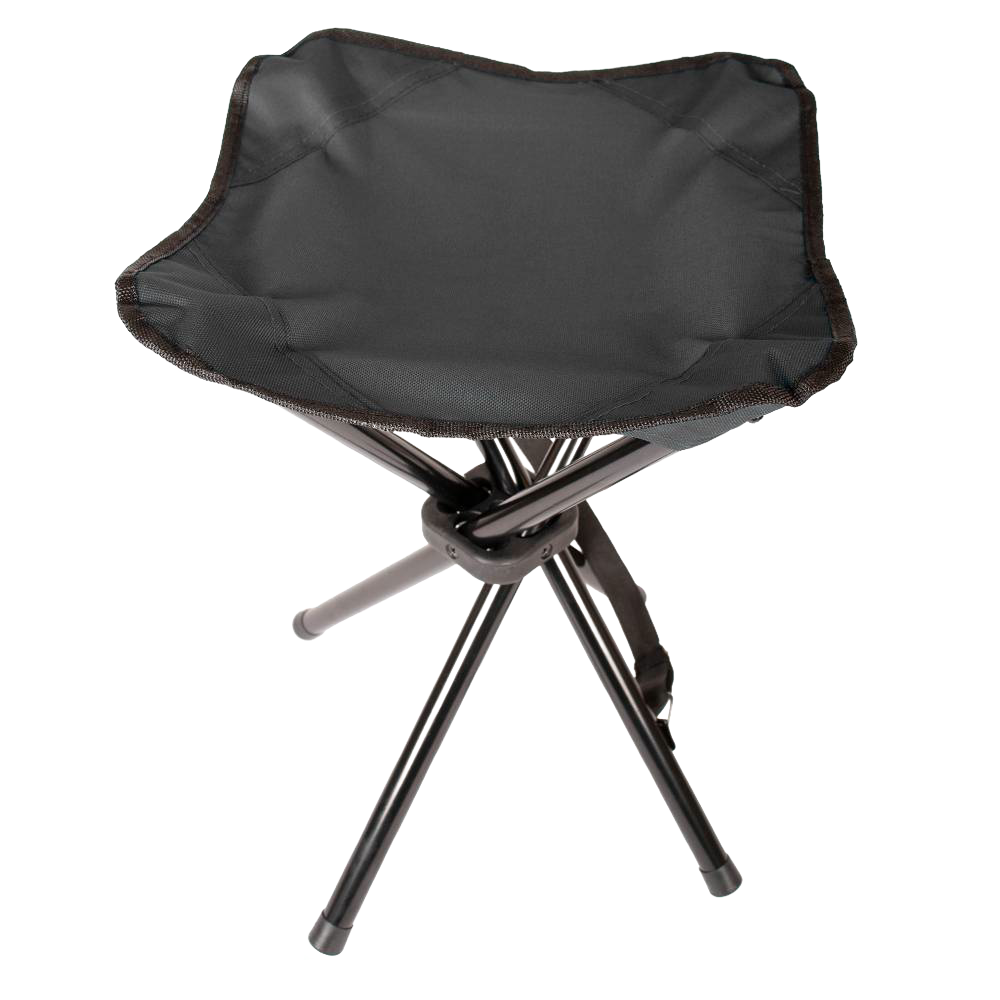 Lightweight three-legged folding stool with durable black fabric seat and sturdy metal legs, ideal for camping, outdoor gatherings, and featured in Farm, Garden & Tool and Camping collections.