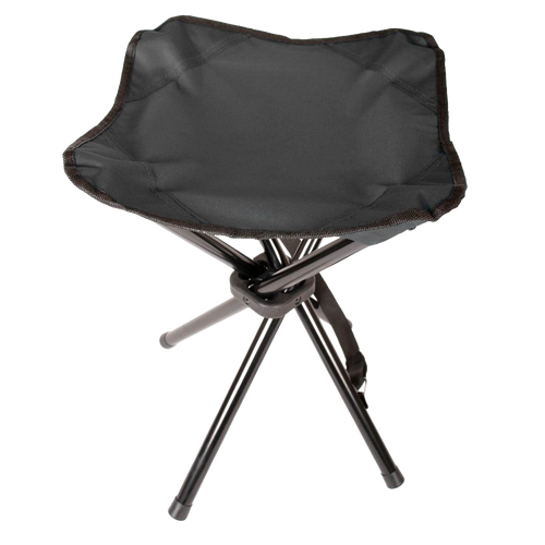 Lightweight three-legged folding stool with durable black fabric seat and sturdy metal legs, ideal for camping, outdoor gatherings, and featured in Farm, Garden & Tool and Camping collections.