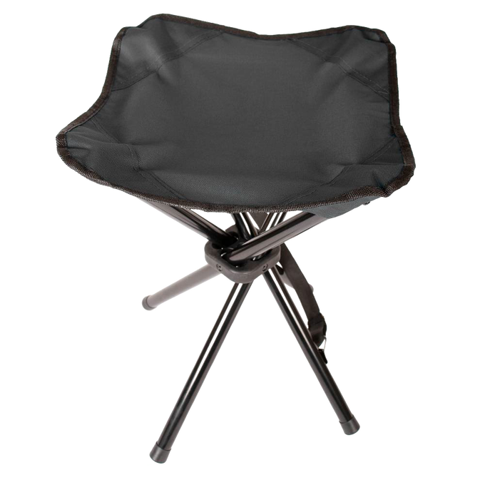 Lightweight three-legged folding stool with durable black fabric seat and sturdy metal legs, ideal for camping, outdoor gatherings, and featured in Farm, Garden & Tool and Camping collections.