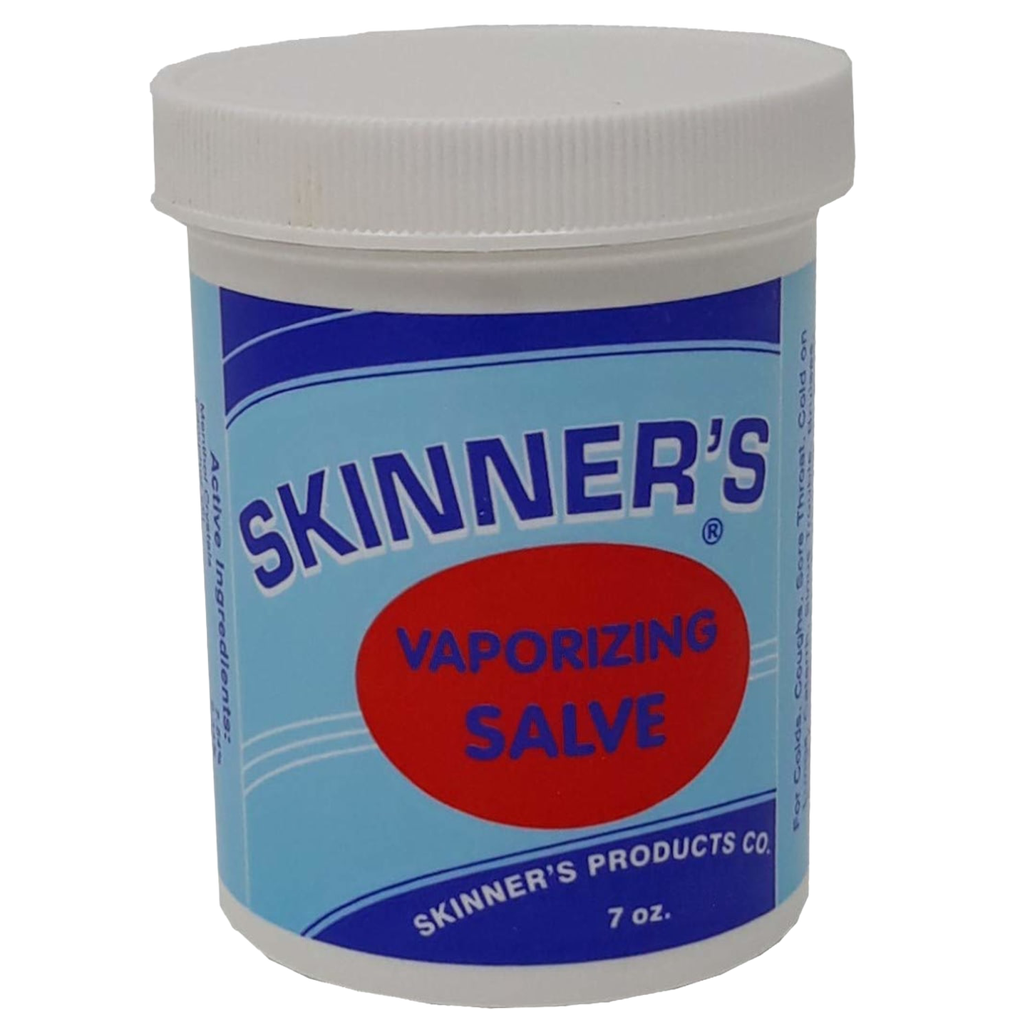 White plastic jar of Skinner's Vaporizing Salve with a blue label and red oval design, made in USA and featured in Health & Wellness, Health Remedies, Best Sellers, and Promo Eligible collections.