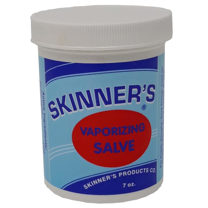 White plastic jar of Skinner's Vaporizing Salve with a blue label and red oval design, made in USA and featured in Health & Wellness, Health Remedies, Best Sellers, and Promo Eligible collections.