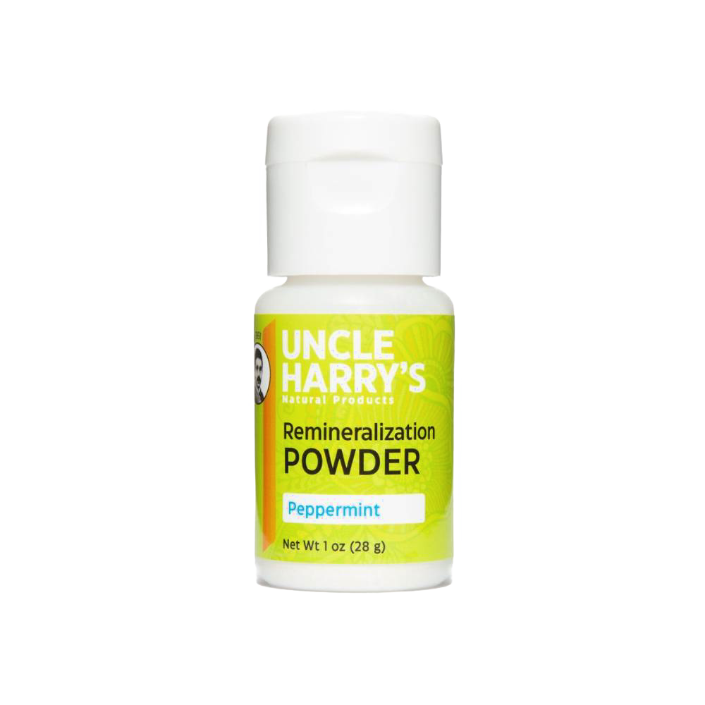 Handcrafted peppermint remineralization powder in a 1 oz white bottle, made in USA, supporting enamel health and featured in Health & Wellness, Grooming and Personal Hygiene, USA Made, Best Sellers, and Promo Eligible collections.