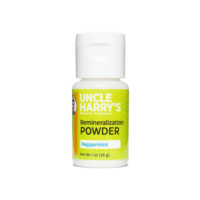 Handcrafted peppermint remineralization powder in a 1 oz white bottle, made in USA, supporting enamel health and featured in Health & Wellness, Grooming and Personal Hygiene, USA Made, Best Sellers, and Promo Eligible collections.