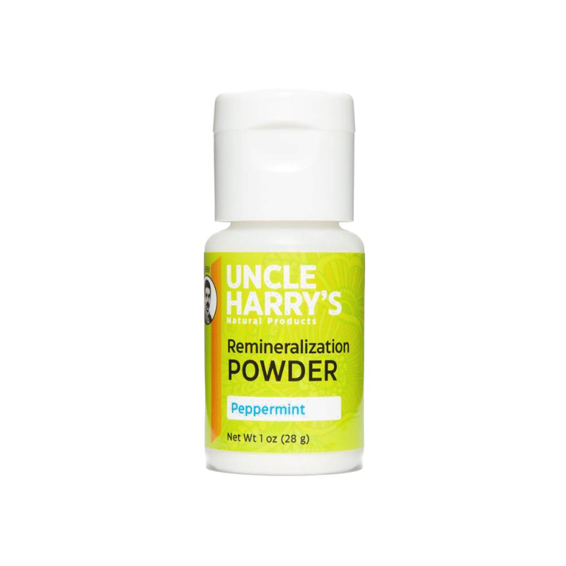 Handcrafted peppermint remineralization powder in a 1 oz white bottle, made in USA, supporting enamel health and featured in Health & Wellness, Grooming and Personal Hygiene, USA Made, Best Sellers, and Promo Eligible collections.