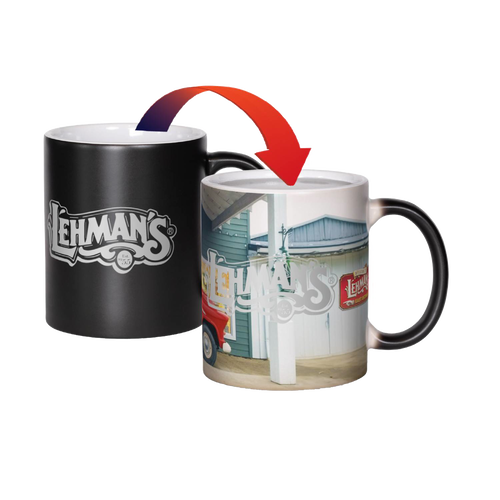 Matte black ceramic coffee mug revealing a colorful Lehman’s storefront image when filled with hot liquid, perfect for Kitchen & Food, Brewing Coffee and Tea, Dinnerware, USA Made, and Best Sellers collections.