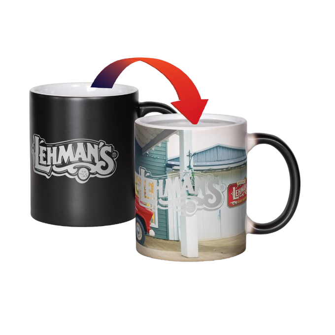 Matte black ceramic coffee mug revealing a colorful Lehman’s storefront image when filled with hot liquid, perfect for Kitchen & Food, Brewing Coffee and Tea, Dinnerware, USA Made, and Best Sellers collections.